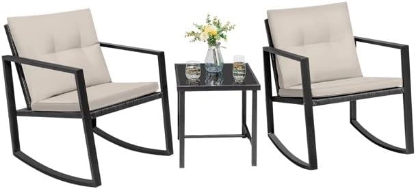 Juego de 3 sillas mecedoras de patio para exteriores con mesa auxiliar (beige), 23.50 x 28.70 x 35.00 pulgadas (largo x ancho x alto) (T998142)