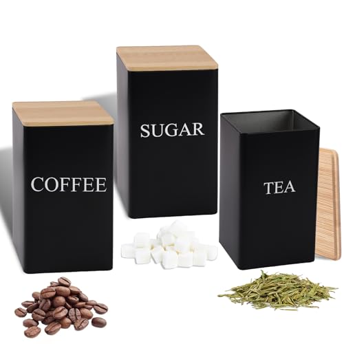 Pinboov 3 Piece Tea Coffee Sugar Canisters, 1000 mL Black Metal Tea Coffee Sugar Canisters with Wooden Lid, Square Storage Containers for Kitchen Counter, Pantry, Office, Café and Restaurant Use