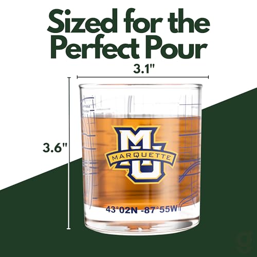 Image of Greenline Goods University of Marquette Golden Eagles Whiskey Glasses Set of 2, 10 oz Rocks Glasses with Full-Color Logo & Campus Map - Officially Licensed Bourbon Glass Gift for Alumni & Fans
