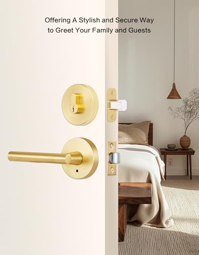 Image of Lethato Gold Door Handle and Deadbolt Set, Heavy Duty Front Door Lock Set, Exterior Door Lever Single Keyed Round Deadbolt Lock (2 Pack)