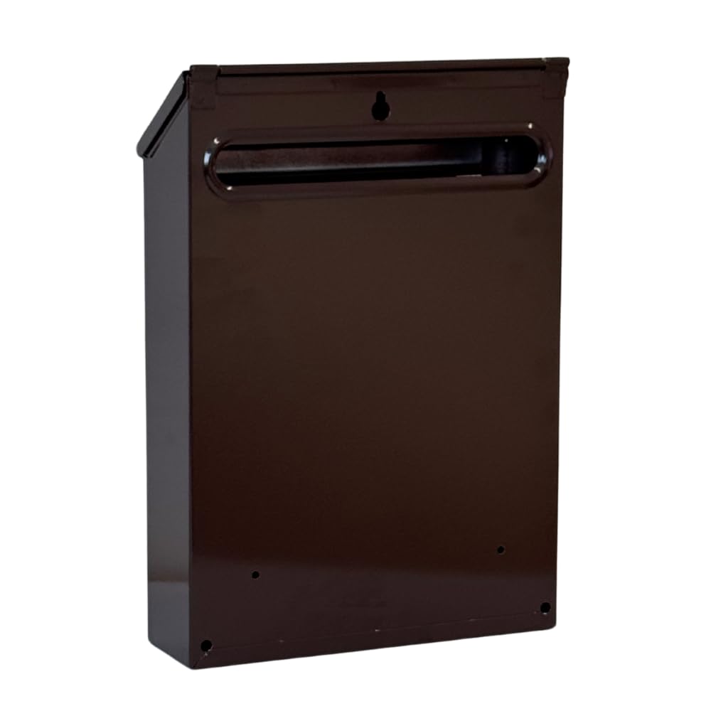 UTILIA Buzón de correos Capri 21 x 6 x 30 cm, porta cartas de chapa pintada con techo, solapa superior trasera, buzón exterior con cerradura de cilindro, 2 llaves (marrón)