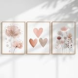 Generisch 3er Poster Set Kinderzimmer Mädchen – Babyzimmer Wandbilder mit Einhorn, Prinzessin, Tieren & Regenbogen – Liebevolle Deko fürs Mädchenzimmer (Blume & Herz, DIN A4, Ungerahmt)