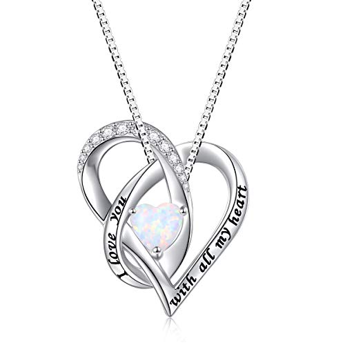 FLYOW White Created Opal Heart Necklace 925 Sterling Silver Women Jewelry Engraved I love you with all my heart Cubic Zirconia Pendant 18 Inches
