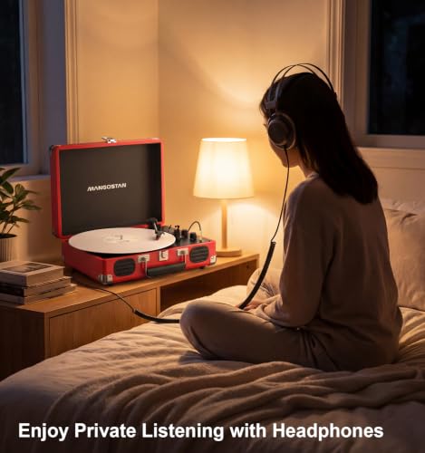 Image of Cherry Red Bluetooth Suitcase Record Player, 3-Speed Turntable