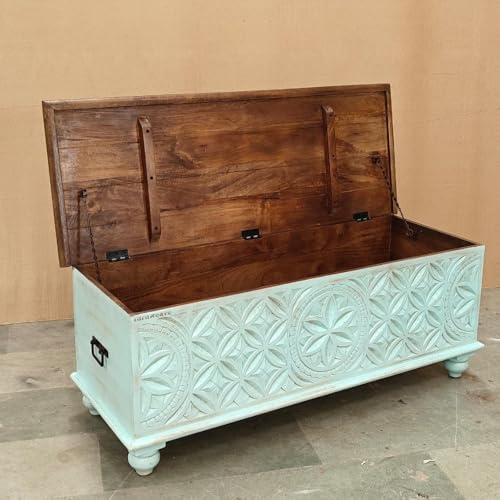 Image of Wooden Trunk Box for Storage | Solid Wood Coffee Table for Living Room | Handcrafted Center Tea Table with Sandook Storage for Living Room | Pitara for Home & Bedroom (Light Blue Distress)