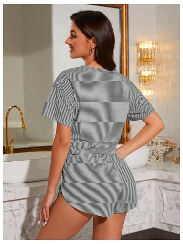 Image of OYOANGLE 2 Pack Pajama for Woman Set Summer Cute PJ Sets Striped Short Sleeve Tshirt and Split Shorts Lounge Set