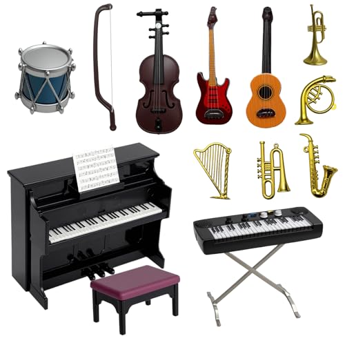 Golgner Lot de 12 mini instruments de musique pour maison de poupée, instruments de musique miniatures, piano, guitare, trompette, pour maison de poupée,...