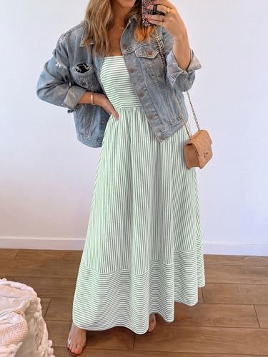 Image of Caracilia Womens Maxi Dresses Gingham Spaghetti Strap Back Smocked Flowy Long Sundress Summer Beach Vacation Clothes 2026
