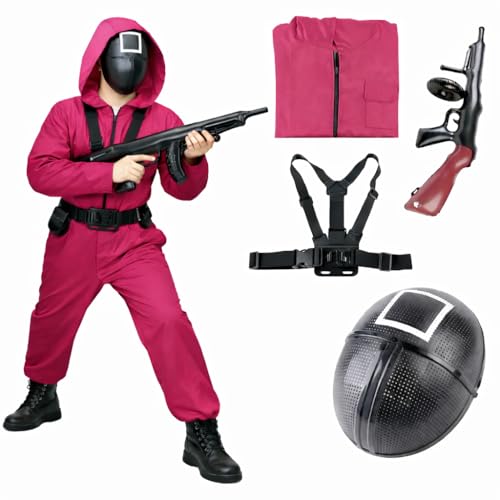TK Gruppe Timo Klingler Juego de disfraces 4 en 1 de Game Squid con traje, pistola y máscara - adultos para Mardi Gras y Halloween