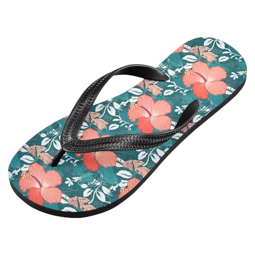 Sinestour Red Flower Teal Flip Flops for Beach Thong Sandals Anti-slip Lightweight Beach Slippers for Summer Swim Travel2