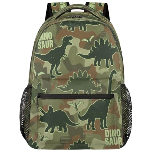 Mochila de viaje con estampado de dinosaurio verde para estudiantes universitarios