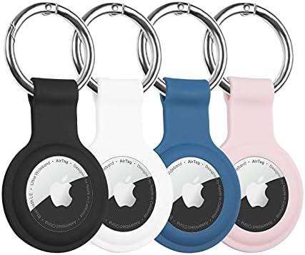 [4 Pack] LDHTY Case for Apple AirTags Case Keychain, Air Tag Holder Tracker/Key Ring Cases/Protective Cover Loop Silicone, Finder Items for Luggage Dogs Cat Pet Collar Backpacks, Black/White/Pink/Blue
