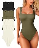 OQQ Women's 3 Piece Bodysuits Sexy Ribbed Strappy Square Neck Sleeveless Tummy Control Tank Tops Bodysuits Black Sauerkraut Beige