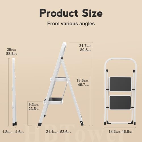 HBTower Trittleiter 2 Stufen klappbar, Faltbare Leiter aus Stahllegierung, rutschfeste Pedale, nur 4,5 cm dünn gefaltet, 150 kg belastbar, kein Aufbau nötig – für Küche, Garage & Büro