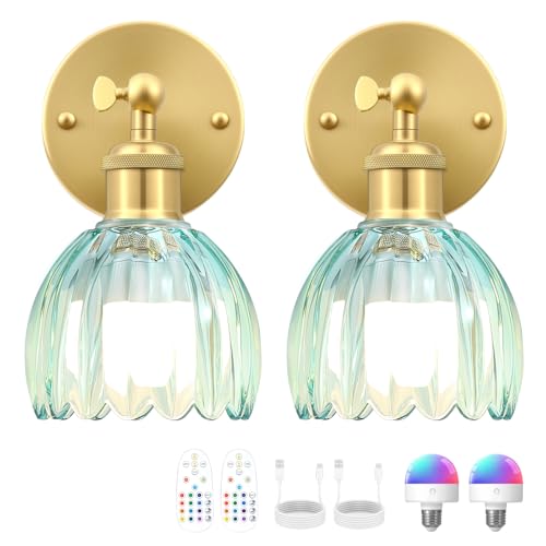 Image of Vintage Battery Operated Wall Sconce, Sky Blue Tulip Glass Lampshade Wireless Rechargeable Battery Powered LED Wall Light with Remote Dimmable for Bedside Bedroom Doorway Living Room, Set of 2