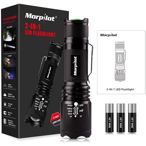 morpilot Linterna Táctica y UV 2 en 1, Linterna LED 5000LM, Linterna Militar, Luz UV con 4 Modos, Zoom IN/out, 395nm, Aluminio, Anti-caída, Impermeable IPX4, 3 Baterías Incluidas