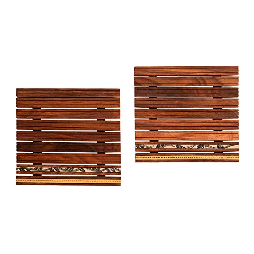 Image of AAKRITI ART CREATIONS Wooden Coaster Handcrafted with Flower Motif Set of 2 | Warli Art | Natural Brown Wooden Coasters | Matte Finish Table Coasters | for Dining Table & Home