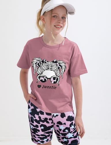 Image of mksodopy Girls Summer Clothse Graphic Print Front and Back High and Low Irregular T-shirt Cycling Shorts Set