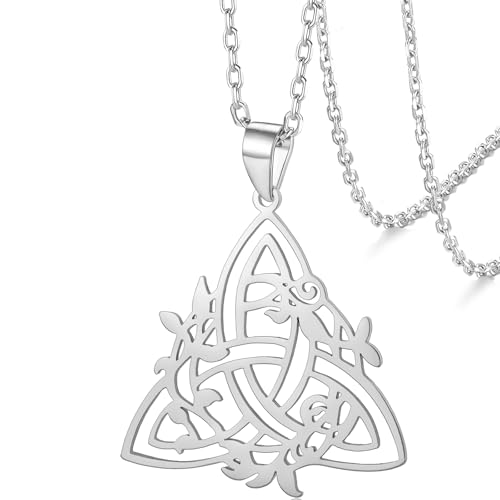 VASSAGO Celtic Knot Necklace Stainless Steel Irish Trinity Knot Pendant Necklace Triangle Pendant with Vine Leaf Necklace Amulet Jewelry for Women Men (silver)