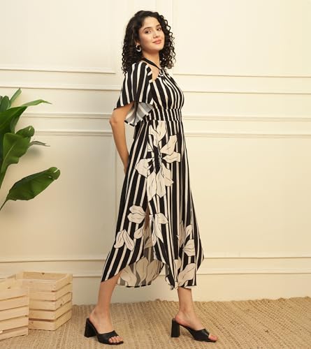 Image of DEEBACO Solid Rayon A-Line Slit Dress for Women's|Off Shoulder Short Bell Sleeve Maxi Dress with Pockets|Summer Western Party Casual Wear Dress for Ladies