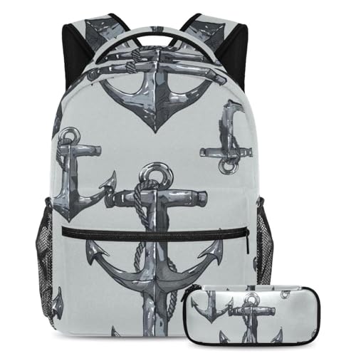 Sac à dos rétro gris ancre avec trousse ensemble cartable enfant large pour voyage scolaire