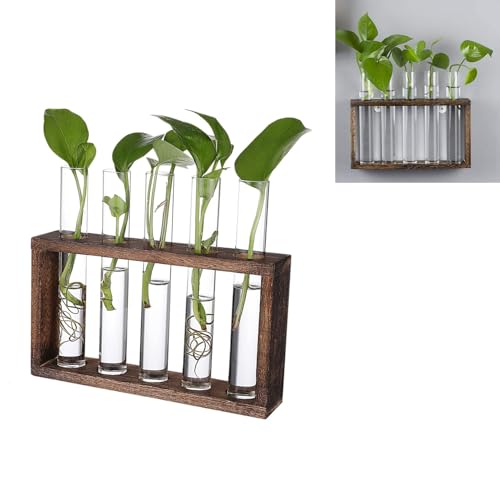 TJHypenete Wall Hanging Terrarium Planter with 5 Test Tube, Wall Plant Propagation Station, Tabletop Glass Flower Bud Vase in Wooden Stand for Propagating Hydroponic Plants Home Garden Office Decor