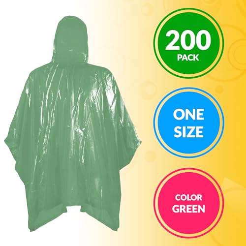 Image of ABC PACK & SUPPLY Disposable Rain Ponchos for Adults, Green Hooded Rain Poncho, One Size, Polyethylene 0.02mm, Individually Wrapped, Bulk Pack of 200