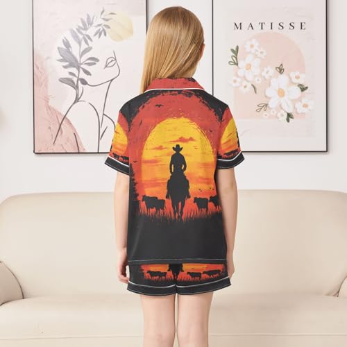 ALAZA Cowboy Herd Sunset Satin Pajamas Set Short Sleeve Button Down Sleepwear Summer Pjs 2 Piece4