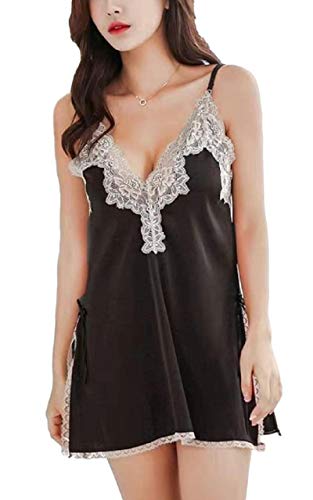 [ロカロカ] ランジェリー 深v ベビードール サテン スリップ キャミソール スリット レース - 画像1