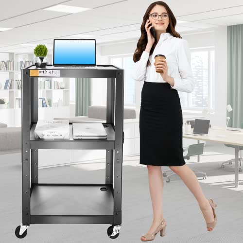 3 Shelf Metal Utility cart - Steel Construction Mobile Presentation Cart Projection Cart with Power Strip - Durable Utility Cart AV Carts on Wheels - Supports Up to 300 LBs (24'' x 18'' x 41'') Black - Thumbnail 6