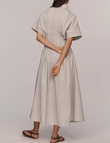 Image of Women's Striped Button Front Pleated Maxi Shirts Dress Short Sleeve Collar V Neck Summer Casual Corset Long Dress