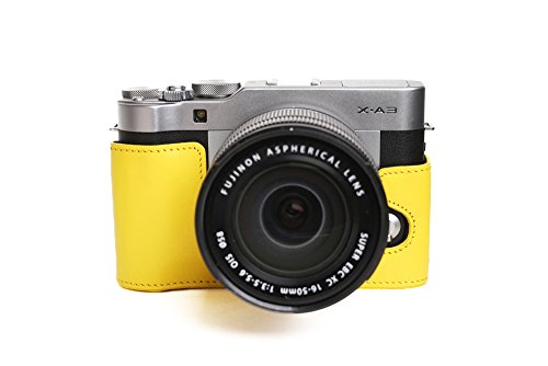 Sac de caméra Fujifilm X-A3 en cuir, demi-étui jaune idéal pour voyage et street photo