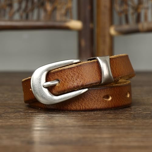 Womens Skinny Waist Belt with Solid Silver Buckle Adjustable 1.8cm Wide Ladies Leather Thin Strap for Jeans Dress(95cm/37, Brown)3