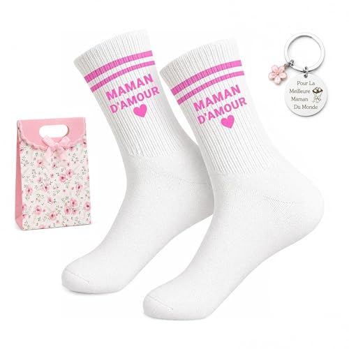 Cadeau Fete Des Meres - Coffret Cadeau Fête Des Mères Avec Chaussettes En Coton Maman D'amour, Porte-Clé En Acier Inoxydable Et Pochette Pour Fete Des Meres, Taille 36-40