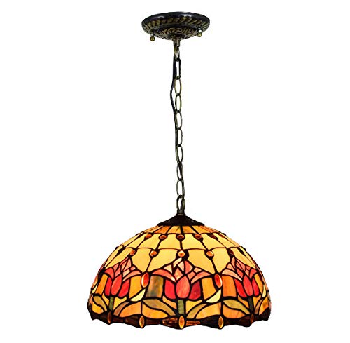 YNIYUJKL 12 Inch Red Tulip Pendant Light, Tiffany-Style Stained Glass Retro Ceiling Hanging Lamp, Used In The Entrance Balcony Cafe Chandelier Lighting
