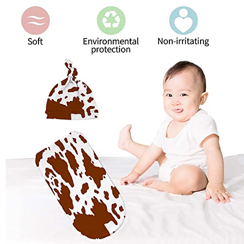 Image of Brown Cow Print Newborn Swaddle Blankets with Hat Sets,Newborn Receiving Blanket for Boy Girl,Swaddle Sack Shower One Size
