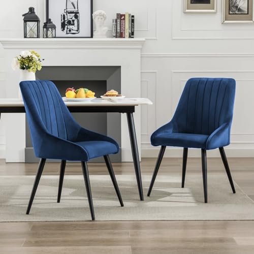 Image of Finch Fox Morris Velvet Dining Chair for Living Room, Bedroom, Home Office with Black Metal Legs in Dark Blue Color