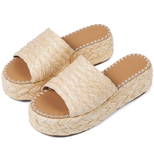 VOMIRA Platform Sandals Women Espadrille Wedge Sandals for Women Open Toe Slip On Flatform Rafiia Slide Sandals Summer Beach Sandals Bohemia Dressy Sandals