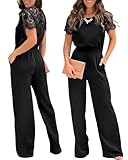 CHICME Jumpsuits for Women Dressy Contrast Short Lace Sleeve One Piece Jumpsuit Casual Summer Wide Leg Rompers with Pockets Black-S