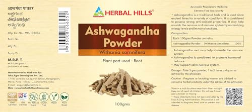 Image of Herbal Hills Ashwagandha Powder, (100 gm Pack) | Supports Stress Relief & Energy Levels | Ashwagandha Churna For Immunity, Strength & Vitality | With Withania Somnifera Root Pack of 5