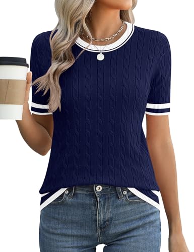 Micoson Womens Navy and White Striped Sweater Dressy Casual Crewneck