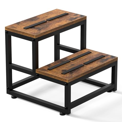 Escalera 2 Peldaños Taburete Escalera de Madera y Metal 226kg/500lbs, Antideslizante para Adultos/Niños, Ideal Caravanas/Baño/Cocina/Cama Niños (38x38x35.5cm)