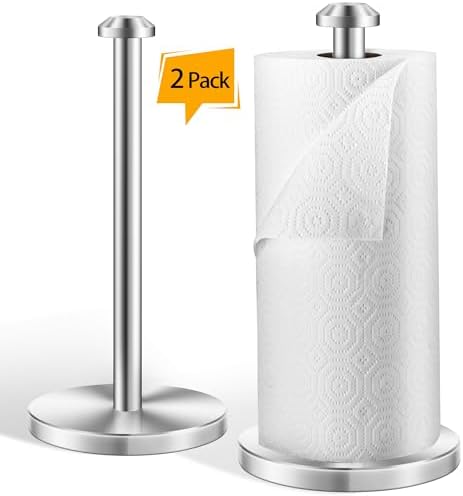 AOSION 2 Piece Stainless Steel Weighted Paper Towel Holder Countertop, Silver Vertical Kitchen Bathroom Paper Towel Holder, with Non-Slip Base
