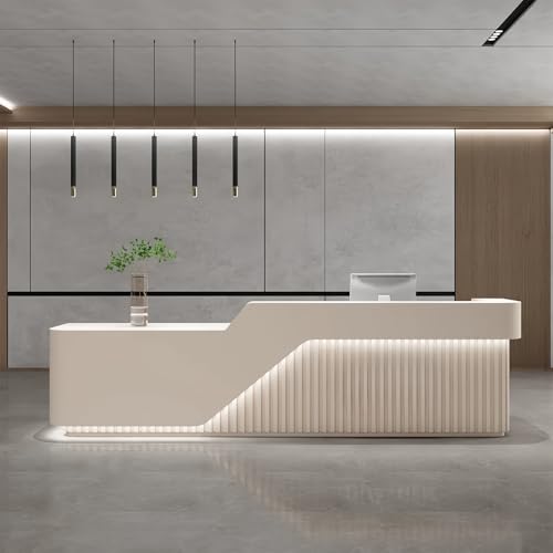 L Shape Reception Desk - Modern Front Desk with Counter and Hidden LED Light, No Assembly Required, Solid Wood Retail Counter- Perfect for Office, Checkout Counter & Retail Counter Use