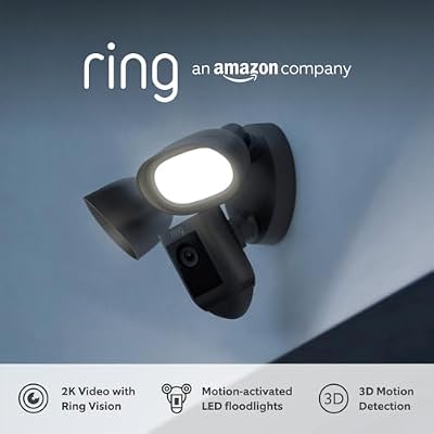 Ring Floodlight Cam Wired Pro | Outdoor Security Camera 2K Video with Ring Vision, 3D Motion Detection, Bird’s Eye View, Siren, alternative to CCTV system | 30-day free trial of Ring Subscription