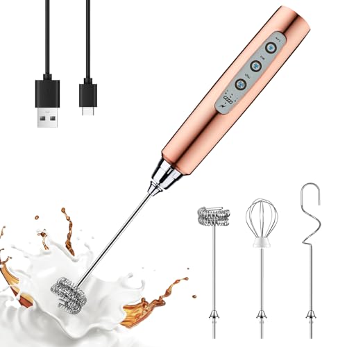 Image of YUSWKO Rose Gold Handheld Milk Frother Wand for Coffee, Rechargeable Electric Whisk Drink Mixer Coffee Frother For Latte, Cappuccino, Hot Chocolate, Egg