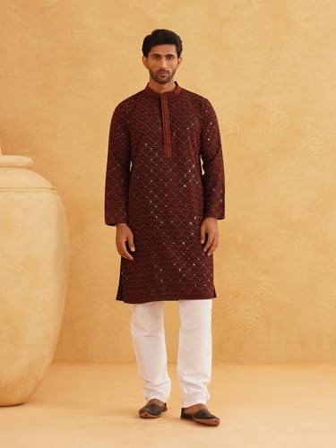 Image of SOJANYA Men's Coffee Brown Cotton Blend Kurta with Intricate Embroidery & Subtle Sequin Work