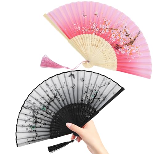 2 Stück Handfächer Schwarz und Rosa - Faltfächer Faltbarer mit Quaste für eine Abkühlung im Sommer Fecher Damen für Party Tanz Hochzeit Heimdekoration asiatische Dekoration Cosplay