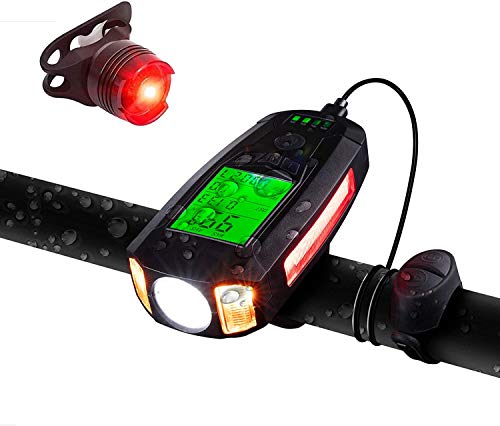 BestGK Bike Light with Bike Speedometer, USB Rechargeable Bicycle Speedometer Waterproof Bike Odometer Light Set with Loud Bike Bell, Cycle Front Light and Tail Light Fits All Mountain & Road Bike