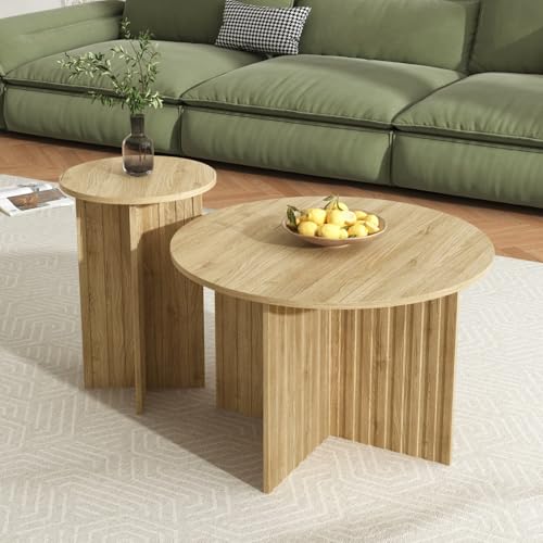PUGSDRLY Ensemble de 2 Tables Basses Rondes en Bois, Set imbriqué Design scandinave, idéal pour Petit Salon ou Coin détente (76x76x50cm)